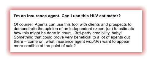 Im an insurance agent. Can I use this HLV estimator?  Of course!  Agents can use this tool with clients and prospects to demonstrate the opinion of an independent expert (us) to estimate how this might be done in court3rd-party credibility, baby!  Something that could prove very beneficial to a lot of agents out there  come on, what insurance agent wouldnt want to appear more credible at the point of sale?