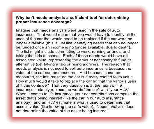 Why isnt needs analysis a sufficient tool for determining proper insurance coverage?  Imagine that needs analysis were used in the sale of auto insurance.  That would mean that you would have to identify all the uses of the car that would need to be replaced if the car were no longer available (this is just like identifying needs that can no longer be funded once an income is no longer available, due to death).  The list might include commuting to work, running errands, and taking the kids to school.  Each of those needs would have an associated value, representing the amount necessary to fund its alternative (i.e. taking a taxi or hiring a driver).  The reason that needs analysis is not used to sell auto insurance is because the value of the car can be measured.  And because it can be measured, the insurance on the car is directly related to its value.  How much would it take to replace the car so that the various uses of it can continue?  That very question is at the heart of life insurance  simply replace the words the car with your HLV.  When it comes to life insurance, your net contributions comprise the asset thats being insured (like the car in our auto insurance analogy), and an HLV estimate is whats used to determine that assets value (like knowing the cars value).  Needs analysis does not determine the value of the asset being insured.
