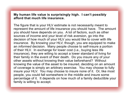 My human life value is surprisingly high.  I cant possibly afford that much life insurance.  The figure that is your HLV estimate is not necessarily meant to represent the amount of life insurance you should have.  The amount you should have depends on you.  A lot of factors, such as other sources of income and your level of risk aversion, go into the decision of how much of your HLV you would like to cover with life insurance.  By knowing your HLV, though, you are equipped to make an informed decision.  Many people choose to self-insure a portion of their HLV.  In exchange for lower cost (i.e., buying less life insurance), they are willing to accept a lower standard of living for their family in the event of their death.  Do you insure any of your other assets without knowing their value beforehand?  Without knowing the value of the asset to be insured, deciding on an amount of coverage is simply an arbitrary exercise.  You may choose to fully insure your HLV.  You may choose to insure none of it.  Or, like most people, you could fall somewhere in the middle and insure some percentage of it.  It depends on how much of a family deductible your family is willing to accept.